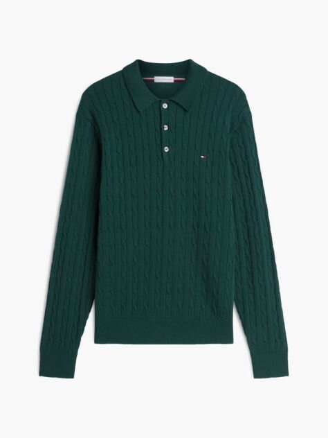 Green Cable Knit Polo Jumper  Men