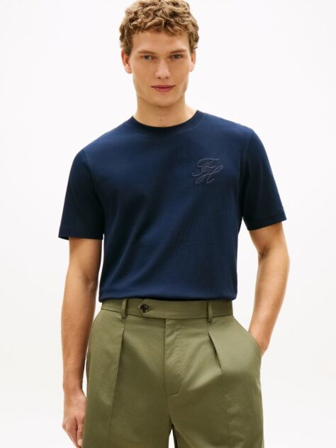 Blue Tonal Logo Embroidery Crew Neck T-Shirt  Men