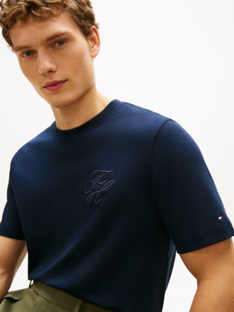 Blue Tonal Logo Embroidery Crew Neck T-Shirt  Men