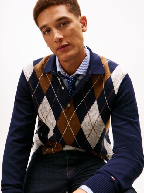 Blue Argyle Rugby Collar Jumper  Men