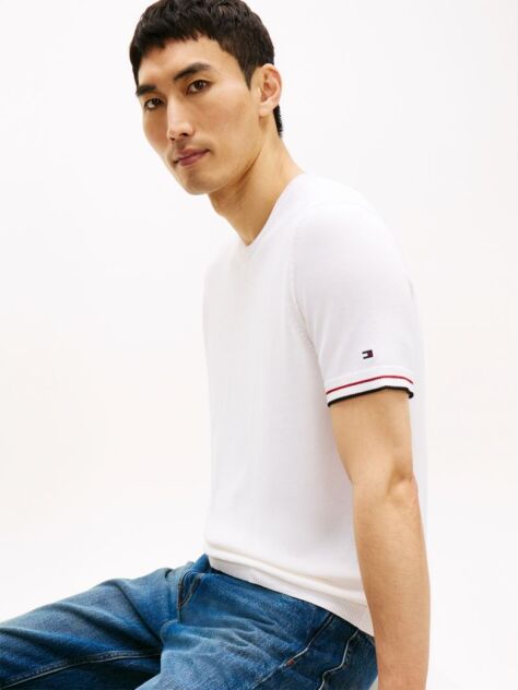 White Smart Casual Tipped Technical Knit T-Shirt  Men