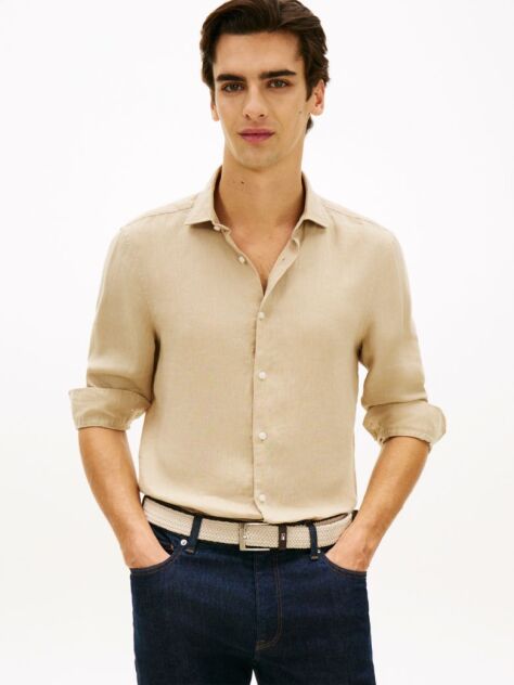 Μπεζ Smart Casual Λινό Πουκάμισο Σε Slim Γραμμή  Άνδρες