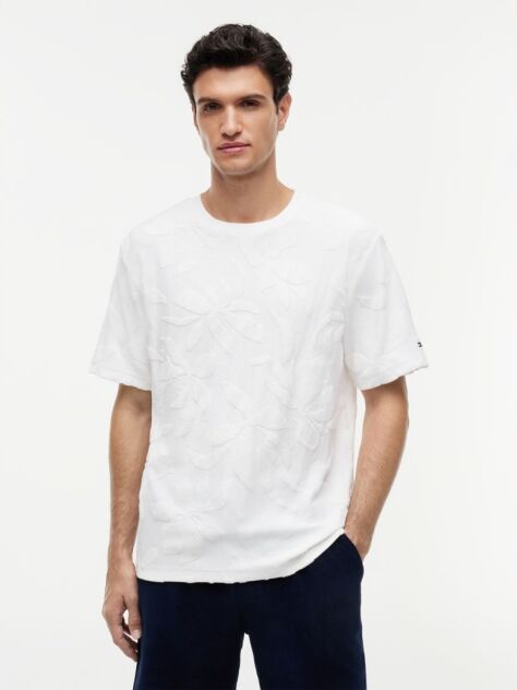 White Towelling Jacquard Relaxed Crew Neck T-Shirt  Men