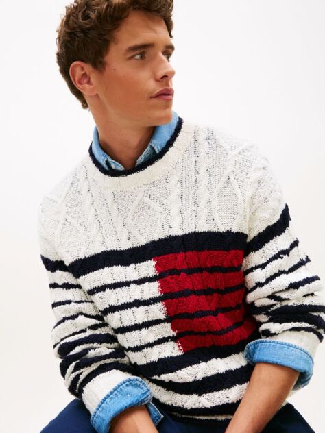 Multi Cable Knit Breton Stripe Flag Jumper  Men