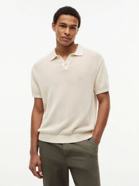 Beige Relaxed Fit Open Knit Polo Shirt  Men