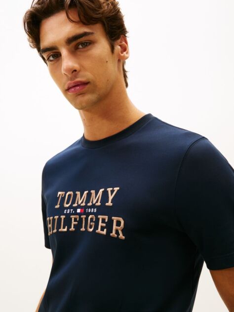 Μπλε T-Shirt Με Κλασική Λαιμόκοψη Και Κεντητό Λογότυπο  Άνδρες