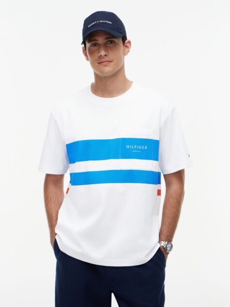 Άσπρο Άνετο T-Shirt Με Colour-Blocked Ριγέ Σχέδιο  Άνδρες