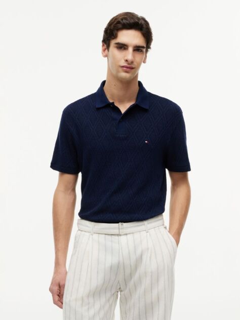 Blue Classic Fit Jacquard Polo Shirt  Men