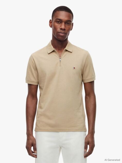 Beige Regular Fit Zip Placket Polo Shirt  Men