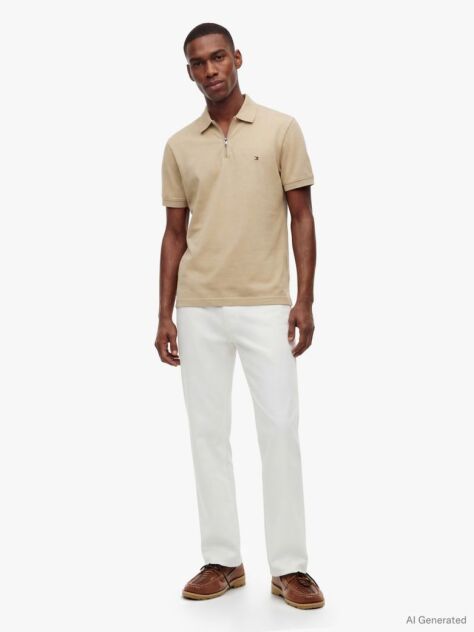 Beige Regular Fit Zip Placket Polo Shirt  Men