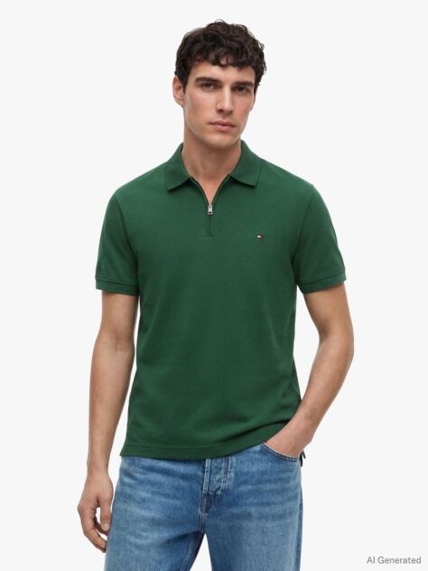 Green Regular Fit Zip Placket Polo Shirt  Men