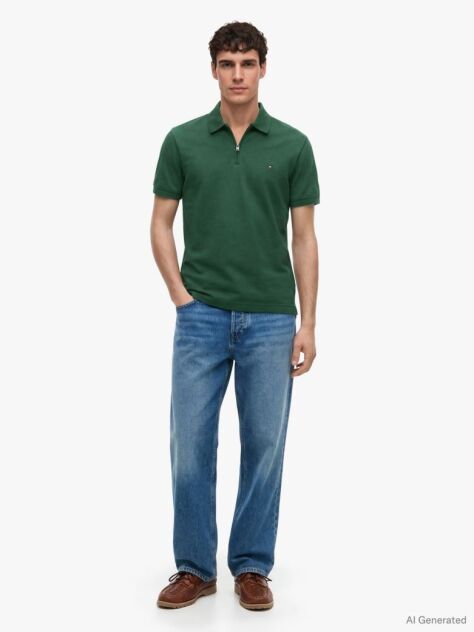 Green Regular Fit Zip Placket Polo Shirt  Men