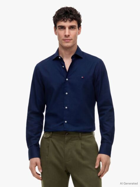 Blue Slim Fit Flag Embroidery Dobby Shirt  Men