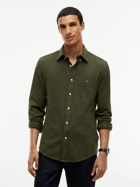 Green Slim Fit Knit Pique Shirt  Men
