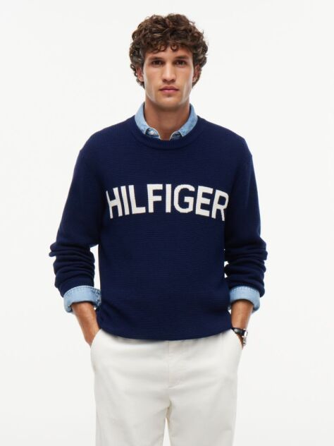 Blue Intarsia Logo Waffle Knit Relaxed Jumper  Men