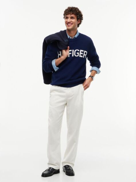 Blue Intarsia Logo Waffle Knit Relaxed Jumper  Men
