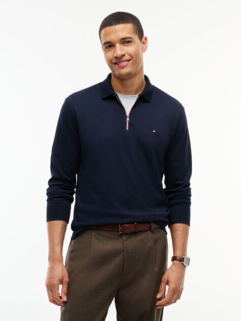 Blue Fluid Cotton Long Sleeve Polo Shirt  Men