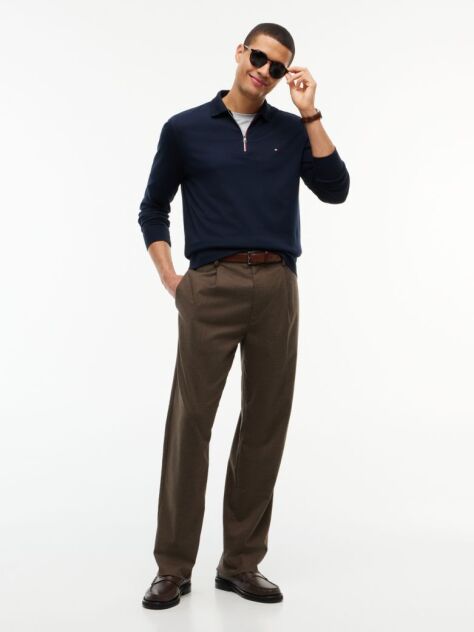 Blue Fluid Cotton Long Sleeve Polo Shirt  Men
