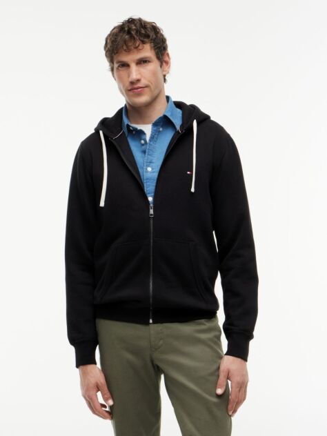 Μαύρο Fleece Hoody Με Φερμουάρ Και Κεντητό Σημαιάκι  Άνδρες
