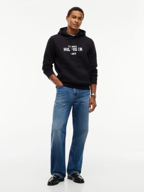 Black Logo Embroidery Fleece Hoody  Men