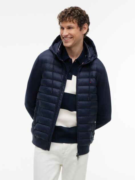 Blue Mixed Texture Zip-Thru Hooded Sweatshirt  Men