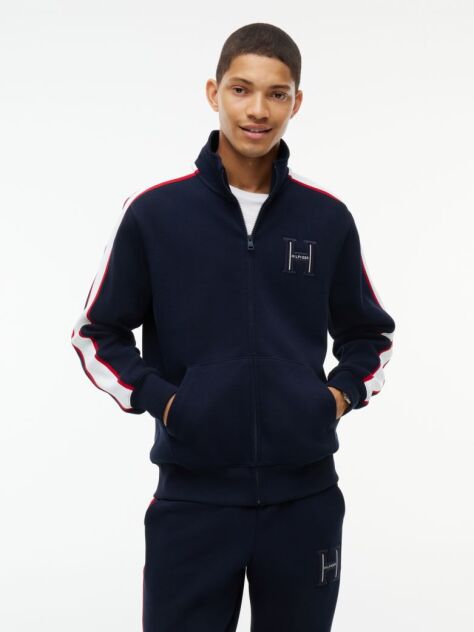 Blue Contrast Stripe Pique Zip-Thru Sweatshirt  Men