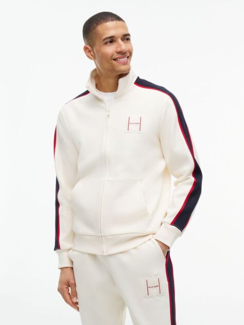 Beige Contrast Stripe Pique Zip-Thru Sweatshirt  Men