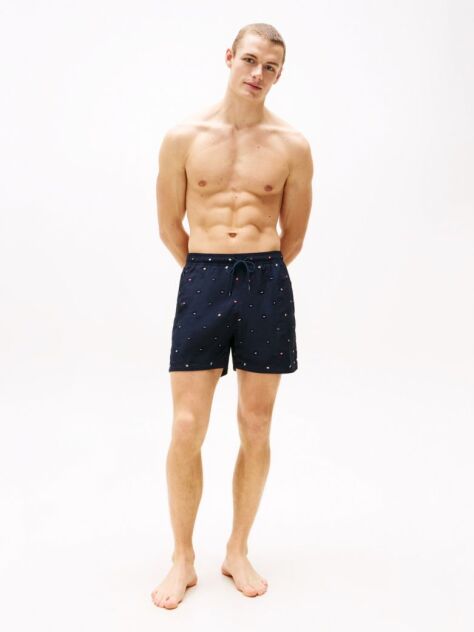 Blue Embroidery Mid Length Swim Trunks  Men