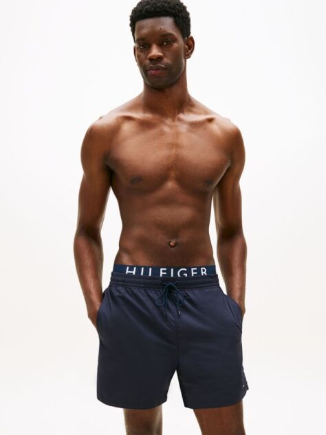 Blue Double Waistband Mid Length Swim Shorts  Men