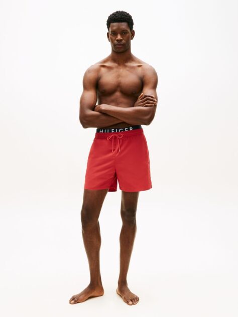 Red Double Waistband Mid Length Swim Shorts  Men