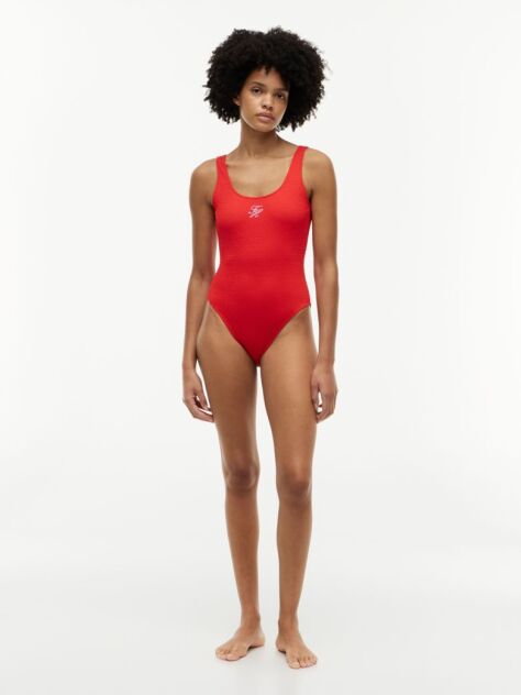 Red Crinkle Logo Embroidery Scoop Back Swimsuit  Women