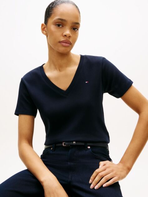 Μπλε T-Shirt Με Λαιμόκοψη V Και Slim Γραμμή  Γυναίκες