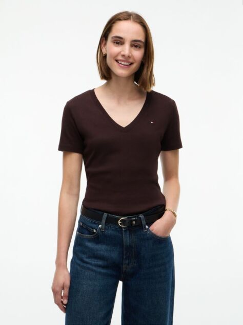 Brown V-Neck Slim Fit T-Shirt  Women