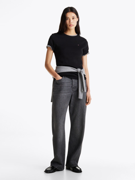 Black Flag Embroidery Ribbed Slim T-Shirt  Women