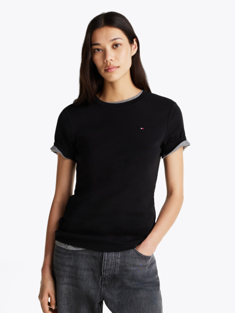 Black Flag Embroidery Ribbed Slim T-Shirt  Women