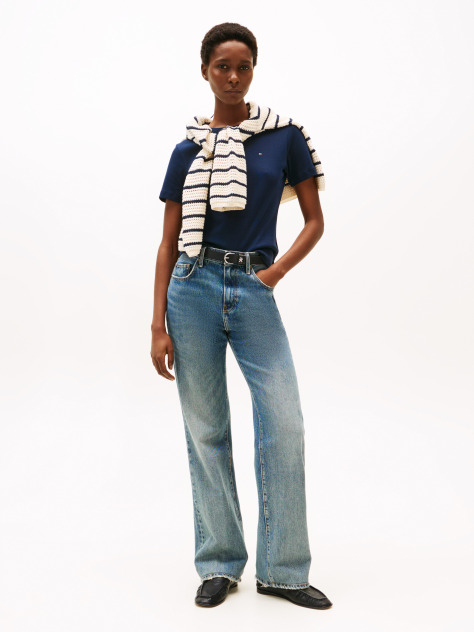 Μπλε Ριμπ T-Shirt Σε Slim Γραμμή Με Κεντητό Σημαιάκι  Γυναίκες