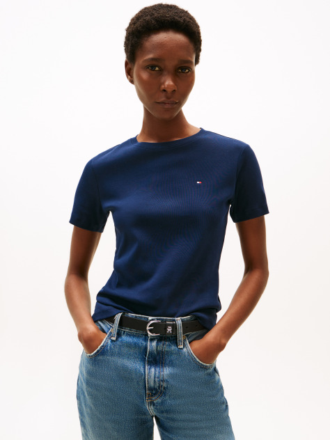 Μπλε Ριμπ T-Shirt Σε Slim Γραμμή Με Κεντητό Σημαιάκι  Γυναίκες