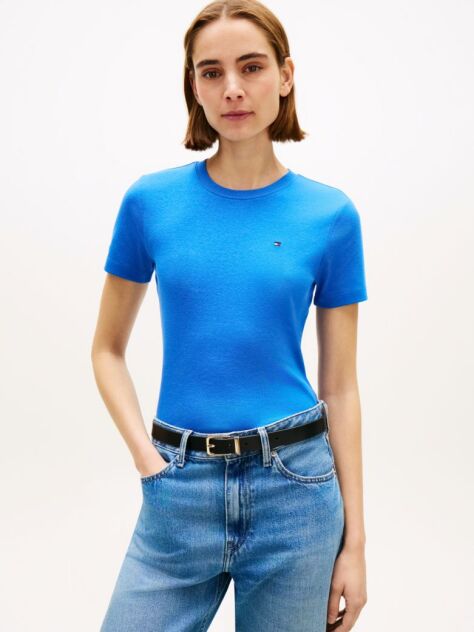 Μπλε Ριμπ T-Shirt Σε Slim Γραμμή Με Κεντητό Σημαιάκι  Γυναίκες