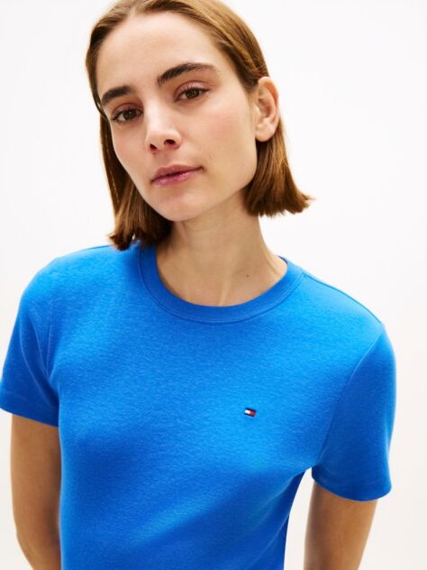 Μπλε Ριμπ T-Shirt Σε Slim Γραμμή Με Κεντητό Σημαιάκι  Γυναίκες