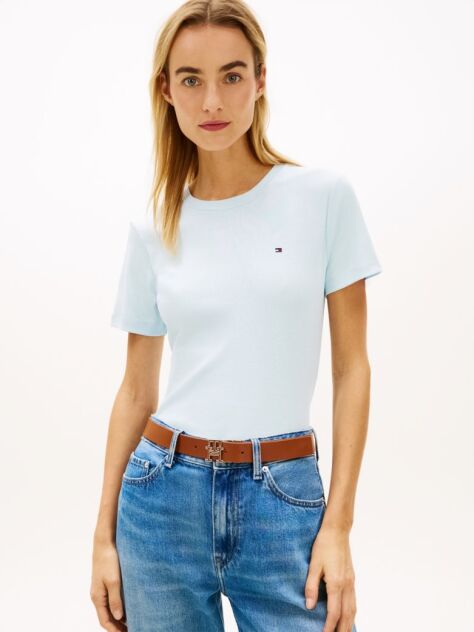 Blue Flag Embroidery Ribbed Slim T-Shirt  Women