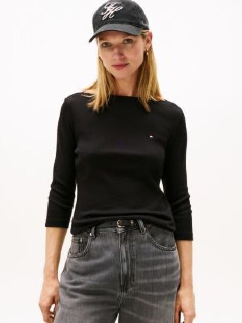 Μαύρο T-Shirt Σε Slim Γραμμή Με Boat Λαιμόκοψη  Γυναίκες