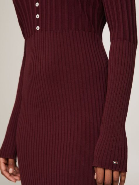 Red Button V-Neck Slim Sweater Dress  Women