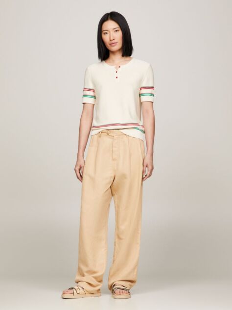 Multi Stripe Henley Neck Short Sleeve Jumper  Women