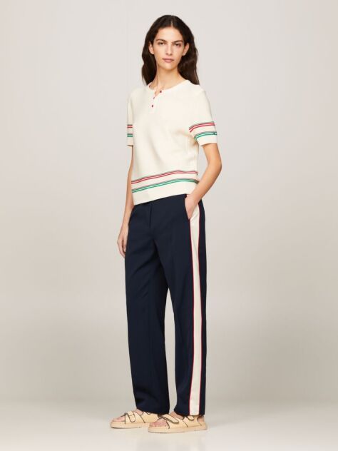 Blue Colour-Blocked Slim Fit Straight Trousers  Women