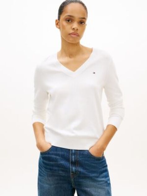 Beige Jersey V-Neck Sweater  Women