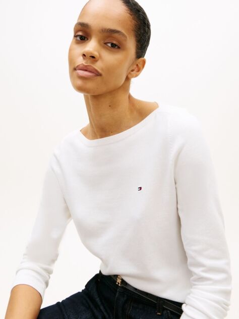 White Jersey Stitch Boat Neck Sweater  Women