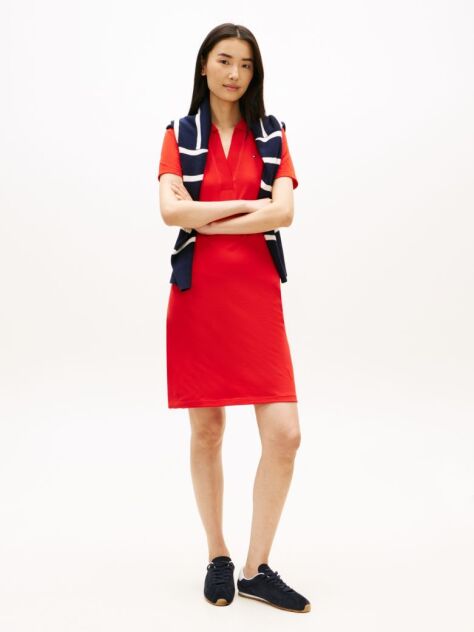 Red Slim Open V-Neck Polo Dress  Women