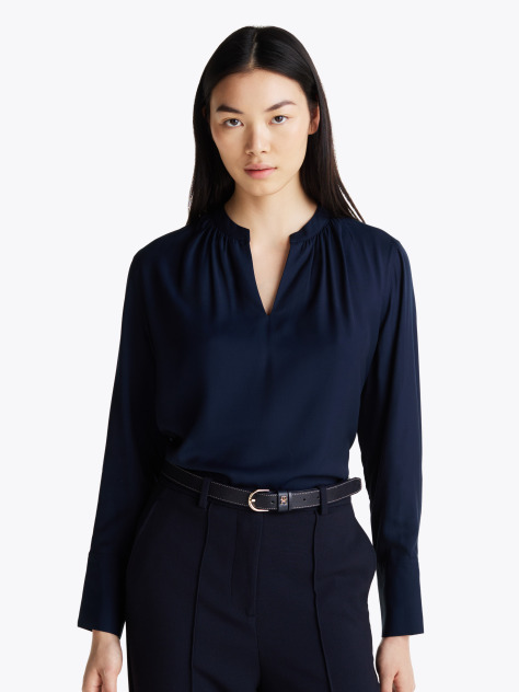 Blue Gathered V-Neck Relaxed Blouse  Women