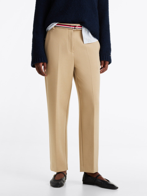 Beige Slim Fit Straight Cropped Trousers  Women