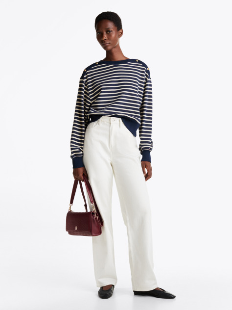 Multi Gold-Tone Button Boat Neck Sweatshirt  Women